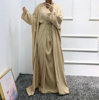 3 Peça Abaya Quimono de Correspondência Muçulmano Define Linene Abrir Abayas para as Mulheres, Dubai, Turquia Hijab Vestido + Saia trespassada Islã Modesto Roupa