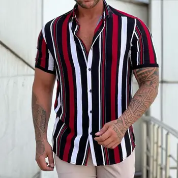 Nova Camisa dos Homens de Moda Listras Impressão de Manga Curta Tees de Verão, Camisa de Homens Vire para baixo de Gola Botão Casual Blusa Roupas masculinas