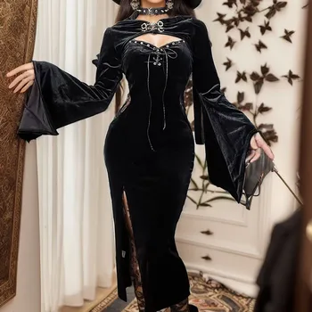 Gótico Halloween Longo Vestido de Terno Com o Chapéu de Ver Através de Veludo Laço Recorte de Alta Fenda de Manga Longa, Botão de Lace-up Festa Avental Vestido