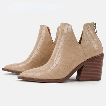 2023 Novo Outono Inverno Zíper Gótico Tornozelo Botas de Sapatos para as Mulheres a Moda do Salto Alto Superficial Boca de Cowboy, Botas para Mulher