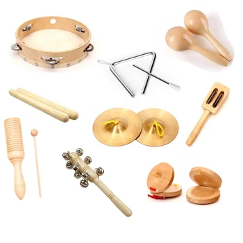 Freeship 9pcs/set de madeira natural da cor filhos de madeira instrumento musical de brinquedo definida para crianças ritmo de percussão e educação musical