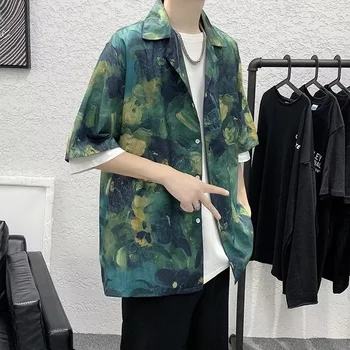 Novas Camisas masculinas Verde Pintura Tops de Manga Curta com Bolso Estilo Cool Único Breasted Solto e Casual Havaiano Shirts para os Homens