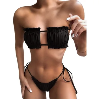 Sexy Bikini Conjunto de Alças com Laço de Mini Swimwear das Mulheres Sólido de Bolinhas de Empurrar as roupas de Banho para Mulheres de Maiô