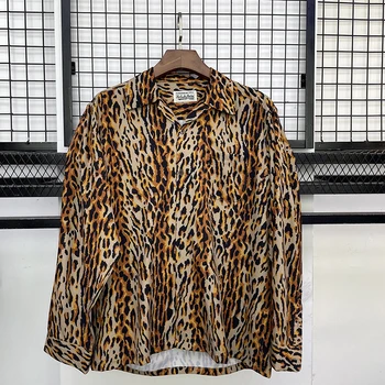 Novo WACKO MARIA de Homens de Camisa de estampa de Leopardo Série Americana High Street de Moda Casual Manga Longa Outono Topo