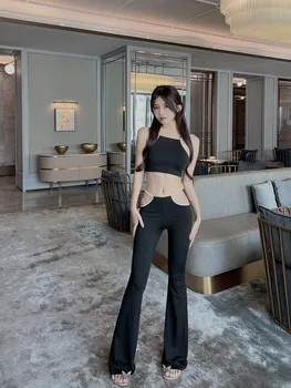 Picante Meninas Sexy de Alça de Sutiã+Calça Casual Wide Leg Pants Moderno Estilo coreano Fora de Ombro Elegante Chiffon de V-pescoço Sólido 8B56