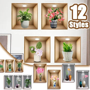 12 Estilos Criativos Simulação Flor Verde da Planta em Vaso 3D Adesivos de Parede Sala de estar, Escritório Impermeável Decorativos Home Stickers
