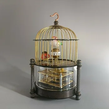 Tabela Relógio Mecânico, Relógio Despertador, Chinês Antigo De Latão Gaiola Do Pássaro