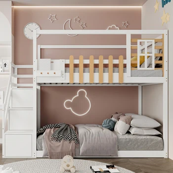 Beliche com escadas, janelas e prateleira caixa de pinho de quadros, cama de crianças com 3 armários na escada, branco, 90x200cm