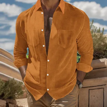 A Camisa dos homens de Cor Sólida Botão Baixo Camisa Lapela Camisas Manga Longa camisa Com Bolso Duplo Início do Outono 2023 Vestuário Masculino