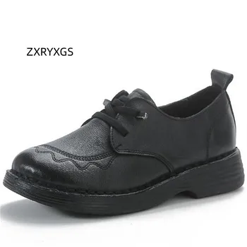 ZXRYXGS Estilo Retro do Dedo do pé Redondo de Couro Genuíno Sapatos de Mulher Flats 2023 Outono Único Sapatos de Conforto Sapatos Casuais Televisão Maré Sapatos
