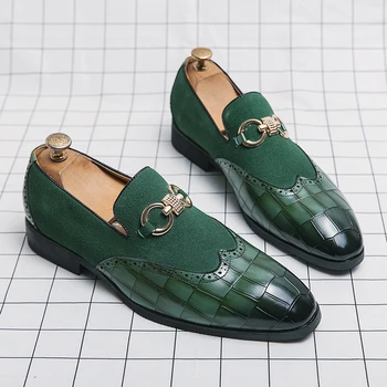 Outono Verde Mocassins Homens Slip-on Couro Nobuck, Marca de Luxo de Espessura Inferior Apontou Toe de Moda, Designer de Sapatos de Couro Casual