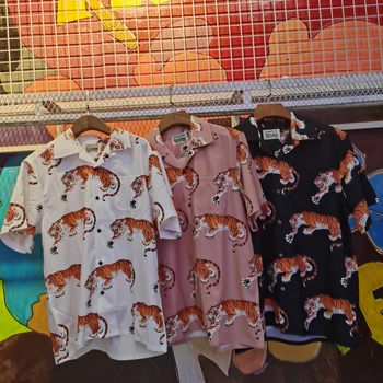 WACKO MARIA Camisa High Street Centenas de Tigre de Impressão Mulheres Homens Casual Havaiano Camisas de Manga Curta