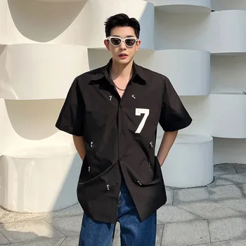 SYUHGFA Moda Homens Casual Camisa de Manga Curta 2023 Verão Solto Lapela Tops coreano Número de Impressão Cradigan Masculinas de Streetwear Camisas