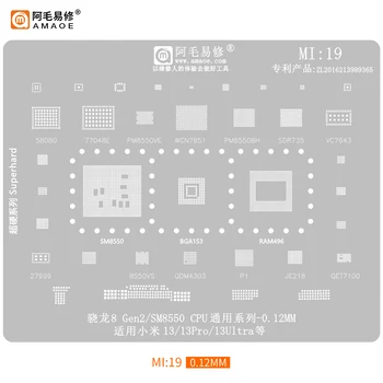 Amaoe MI19 BGA Reballing Estêncil para Xiaomi 13 13Pro/13Ultra 8Gen SM8550 PM8550VE PM8550BH SDR735 27999 RAM496 JE218 Chipset