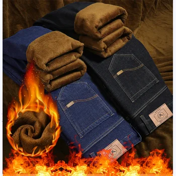 Homens De Inverno Térmica Jeans Neve Quente De Negócios Trecho Calça Jeans Reta Homem De Lã De Jeans, Calças Compridas Pai Frete Grátis Outono Calças