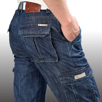 Homens de Primavera do Amaciante Jeans Stretch Motocicleta Calças Jeans Casual Militar Multi-bolso Reta Calças compridas Pernas de Carga