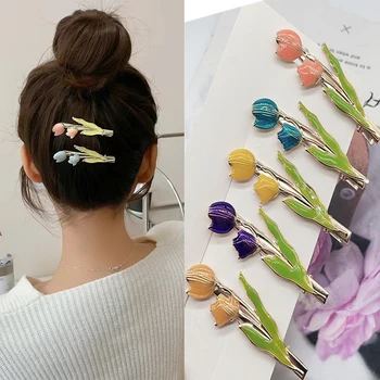 Moda Multicolor Tulip Flor de Cabelo Clip de Metal Rústico com bico de Pato Grampos de cabelo para Mulheres Meninas a Maquiagem, Lavar o Rosto, Molas Franja