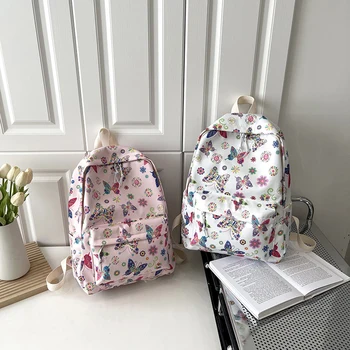 Viagem Bookbags de Nylon de Grande Capacidade Bonito Estudante de Moda da Mochila Borboletas de Impressão Simples Floral para Acampar ao ar livre