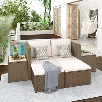 Exterior 6 peças conjunto de mobiliário de jardim, PE vime rattan seccionais conjunto de sofá com 2 mesas de café, marrom vime + almofadas bege