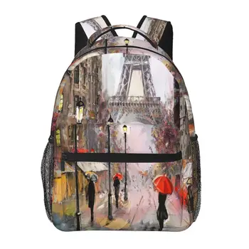 Mochila de mulheres Povo, Sob o Guarda-chuva Vermelho Em Rua de Paris a Escola de Pintura Saco para Homens Senhora de Saco de Viagem Casual Mochila Escolar