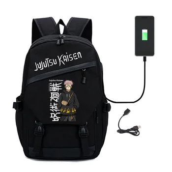 Anime Mochilas Teenarges Mochila Jujutsu Kaisen Impressão Unissex Preto de Moda de Carga USB Porta Exterior Travelbags Mochila