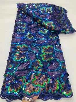 NDPN294 Azul Marinho Africana net laço de tecido com lantejoulas,olhando agradável bordado francesa, tule tecido de renda para a moda vestido