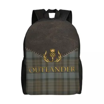 Personalizado Outlander Couro E Tartan Mochilas Homens Mulheres da Moda Bookbag para a Escola, Faculdade Escocês Arte Sacos