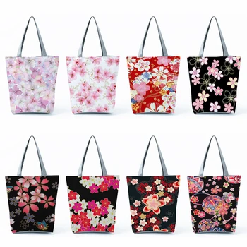 Diário Casual Sakura Impressão Bolsas Japão Design De Estilo Planta Floral Sacos De Compras De Alta Capacidade De Viagem, Sacos De Praia As Mulheres Sacolas