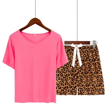 Plus Tamanho S-3XL Mulher de Pijama Conjuntos de Algodão T-shirt de estampa de Leopardo Shorts de Pijama em Casa Roupas com Laço Pijamas para Mulheres