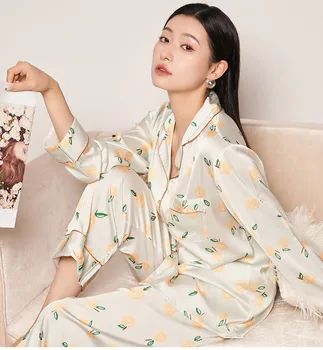 O verão das Mulheres Conjunto de Pijama de Manga comprida de Seda Impressa de Botão para Baixo Macio Pijamas com Calça comprida Loungewear