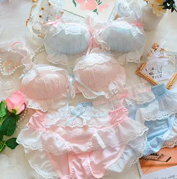 Japonês bonito do sweet lolita flores florescendo push-up bra roupa interior garota bordados de algodão sem anel de aço reunir lingerie
