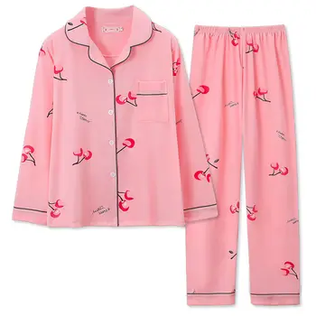 As mulheres do Pijama Estudante de Primavera e Outono, roupa de noite Camisa de manga comprida com decote em V Casual Fina Pijamas Calças compridas Cartoon Homewear