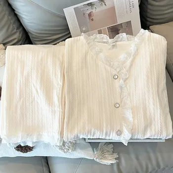 Branco Pijama de Mulheres da Primavera E do Outono de Algodão de manga comprida, Calças de Duas peças de Conjunto Sweet Lace Leite Terno Para Hoome Roupas