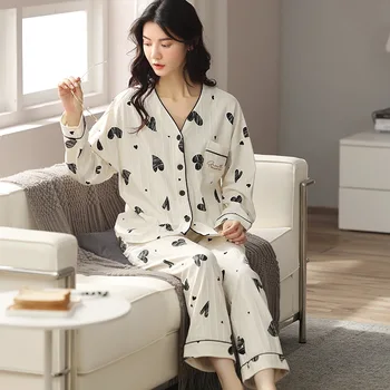 Mulheres Home Atender a Primavera E o Outono de Manga Longa, Decote em V Calça de Pijama de Casa Desgaste de Algodão roupa de dormir para Senhoras Impressão de Pijama Sala de Conjuntos