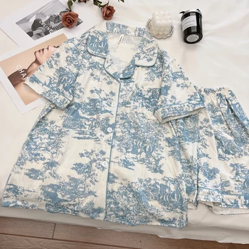 Verão Pijamas de Algodão Para as Mulheres Azul Pijamas Senhoras manga Curta Pijamas Casaquinho Solto Impressão de Roupas em Casa