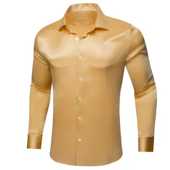 Luxo de Seda, Camisas para Homens de Cetim Ouro Champanhe Sólido Simples de Manga Longa Slim Masculina Blusa Casual Tops Barry Wang