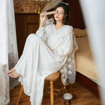 Mulheres Lolita Pijama Flor Branca Vneck Princesa Rendas De Algodão Com Costura Sleepshirts Vintage Camisolas Doce Graça Longo Sleepwear