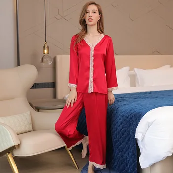 Primavera Mulheres de Seda Mancha Pijama Conjunto de Outono de manga comprida, Calças de Duas peças de Conjunto de roupa de noite Para as Mulheres de Renda de Casa a Roupa Pjs