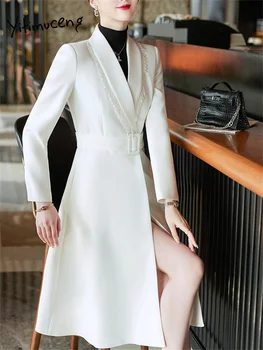Yitimuceng Moda Outono Branca, Blazer Preto para as Mulheres Inverno 2023 Nova coreano Moda Elegante Jaqueta Longa Office Casacos femininos