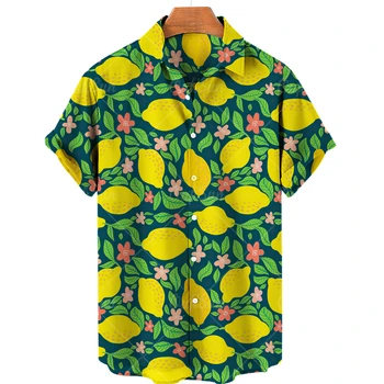 Verão, Praia, Férias Fruto de Limão Floral para Homens e Mulheres Camisas Casuais Curtos Casual Havaiano Camisas de Botão Único Tops com Decote em V