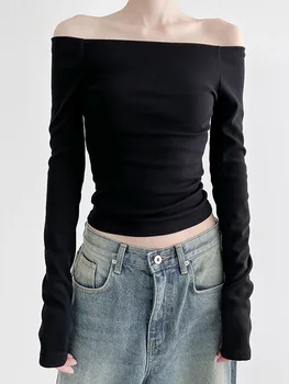 Preto Sólido Barra Pescoço Elegante Tops De Manga Longa Coreano Moda Slim Sexy Cropped T-Shirt Das Mulheres Queda De Roupas
