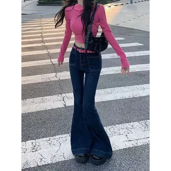 O Coreano Moda Y2k Streetwear Cintura Alta Jeans Flare Das Mulheres Confortáveis Calças De 2023 Primavera, Outono, Calça De Algodão Feminino