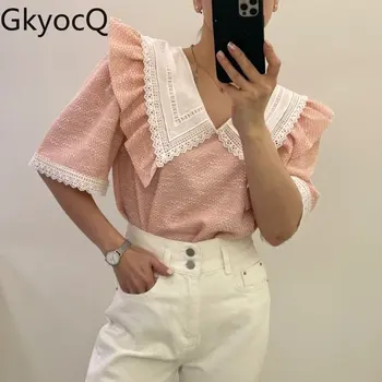 GkyocQ coreano Chique de Verão, Tops Temperamento Colorido Laço Plissado Boneca Gola de Camisa Feminina Nicho de Design de manga Curta Blusas