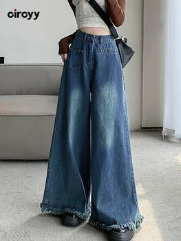 Baggy Jeans Mulheres De Cintura Alta Jeans 2023 Outono Nova Irregular De Perna Larga, Denim, Calças De Moda Vintage Cheio De Rebarbas Comprimento De Calças