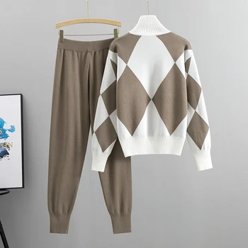 2023 Geomatric Mulheres de camisola ternos conjuntos de Outono inverno de espessura soft de malha conjuntos de camisolas +Calça comprida Casual 2PCS Fatos