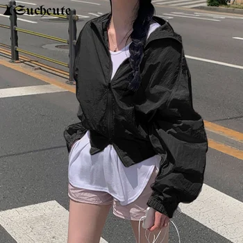 Preto Coreano Streetwear Com Zíper Capuz Para As Mulheres Brancas De Proteção Solar Casaco Frouxo De Manga Longa Crop Top Casual Suor Casacos