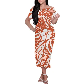 Polinésia Tribal Print Vestido para Senhoras, Abrir a Ombro, Mangas Curtas, Vestidos de Festa, de Férias, de Luz Vermelha, de Verão, de 2023