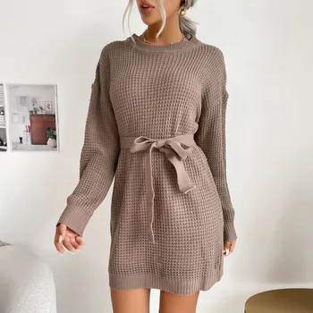 2023 Novo Outono e Inverno Camisola Vestido das Mulheres com Cor Sólida Manga Longa Camisola de Saia Temperamento Elegante Vestido Casual