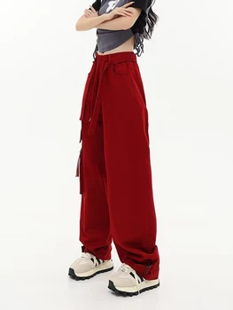 Calças Cargo Das Mulheres De Vermelho Streetwear Elástica Bolsas De Cintura Solta A Perna Larga Calças De Comprimento Total Coreano Moda Calças De Moletom Y2k Calças