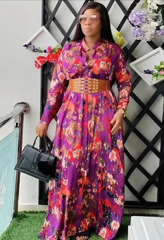 Outono Moda Plus Size blusa de Cetim Vestido de Mulher Africana Elegante Impressão de Manga Longa, Botão do Cinto de Dividir Uma linha de Vestido das Mulheres